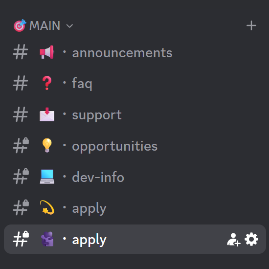 The server channel list, showing #opportunities, #dev-info and #apply