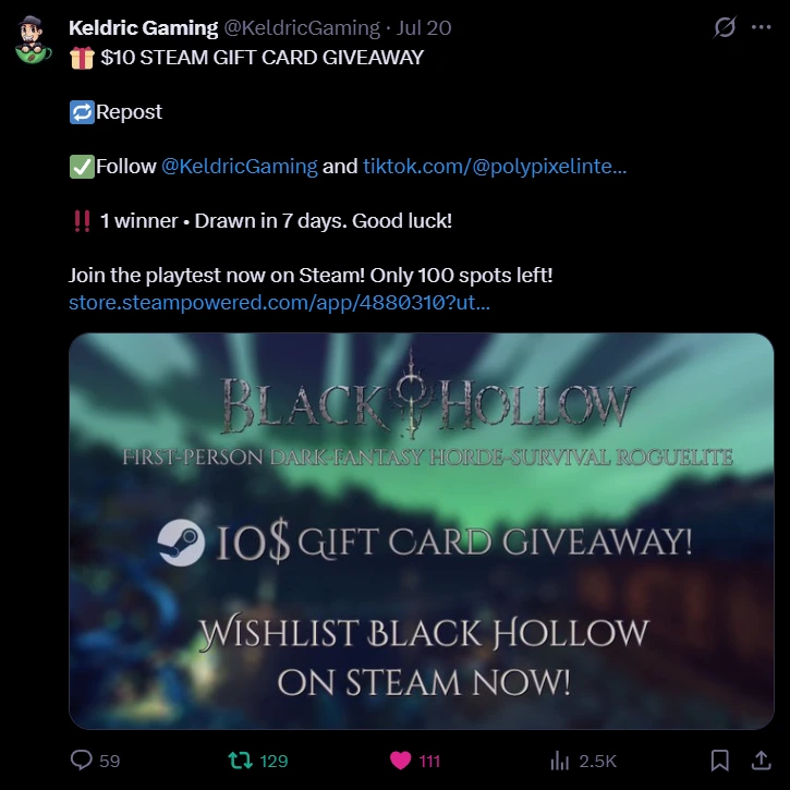 A creator running a $10 gift-card giveaway for the game on X
