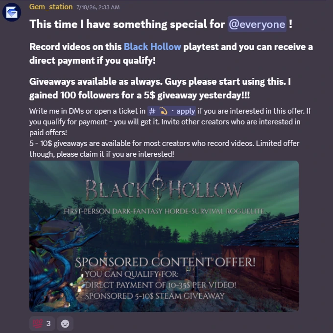 A sponsored content offer post for the game Black Hollow, posted in the server