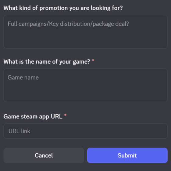 The developer ticket form in Discord, with its three fields